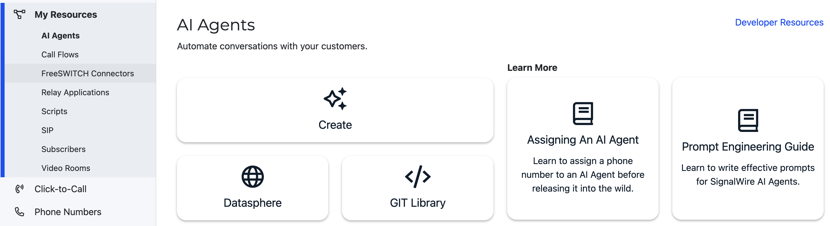 SignalWire Dashboard that shows the sidebar option 'AI Agent' selected, and is displaying the AI Agent page