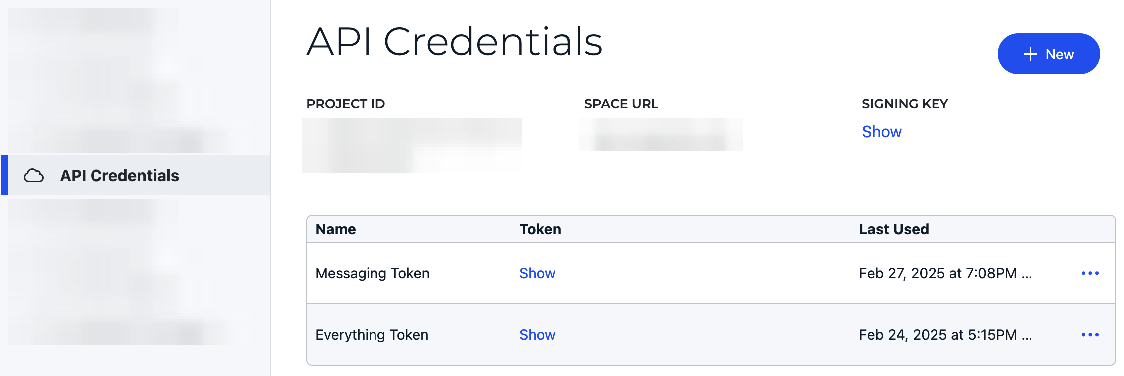 The SignalWire Space showing API credentials, including Signing Key