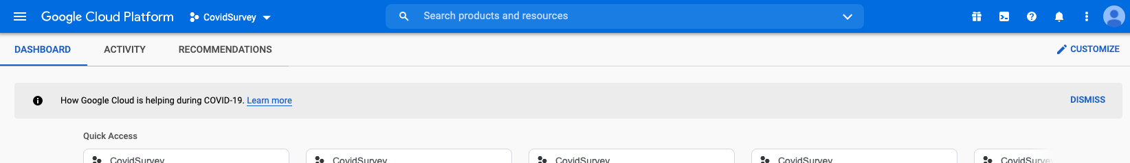 the Google Cloud Platform Dashboard showing a dropdown menu on the project titled 'CovidSurvey'.
