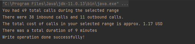 Console output with call statistics: total calls, inbound/outbound counts, cost, and duration.