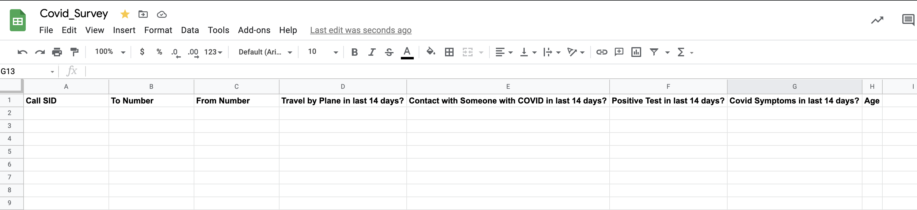 Google Sheet 'Covid_Survey' with columns for call data and health screening questions.
